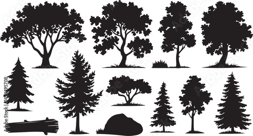 Detailed vector silhouettes of trees and forests including multiple tree species for use in natural scenery illustrations landscape backgrounds and ecological vector compositions