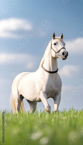 Majestic palomino horse gracefully strides across a vibrant green field under a clear blue sky