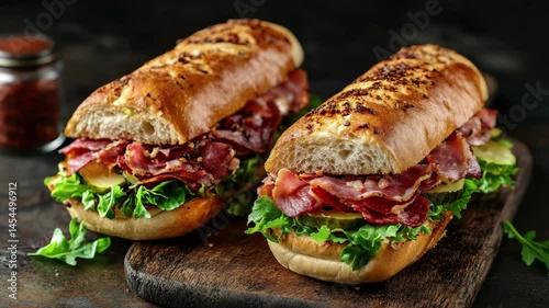 Two sandwiches with ham and lettuce on a wooden board. The sandwiches are cut in half and placed on the board