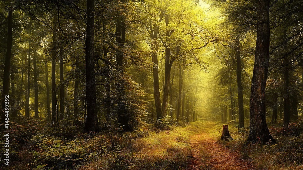 Fototapeta premium Golden sunlight filtering through a dense forest path.