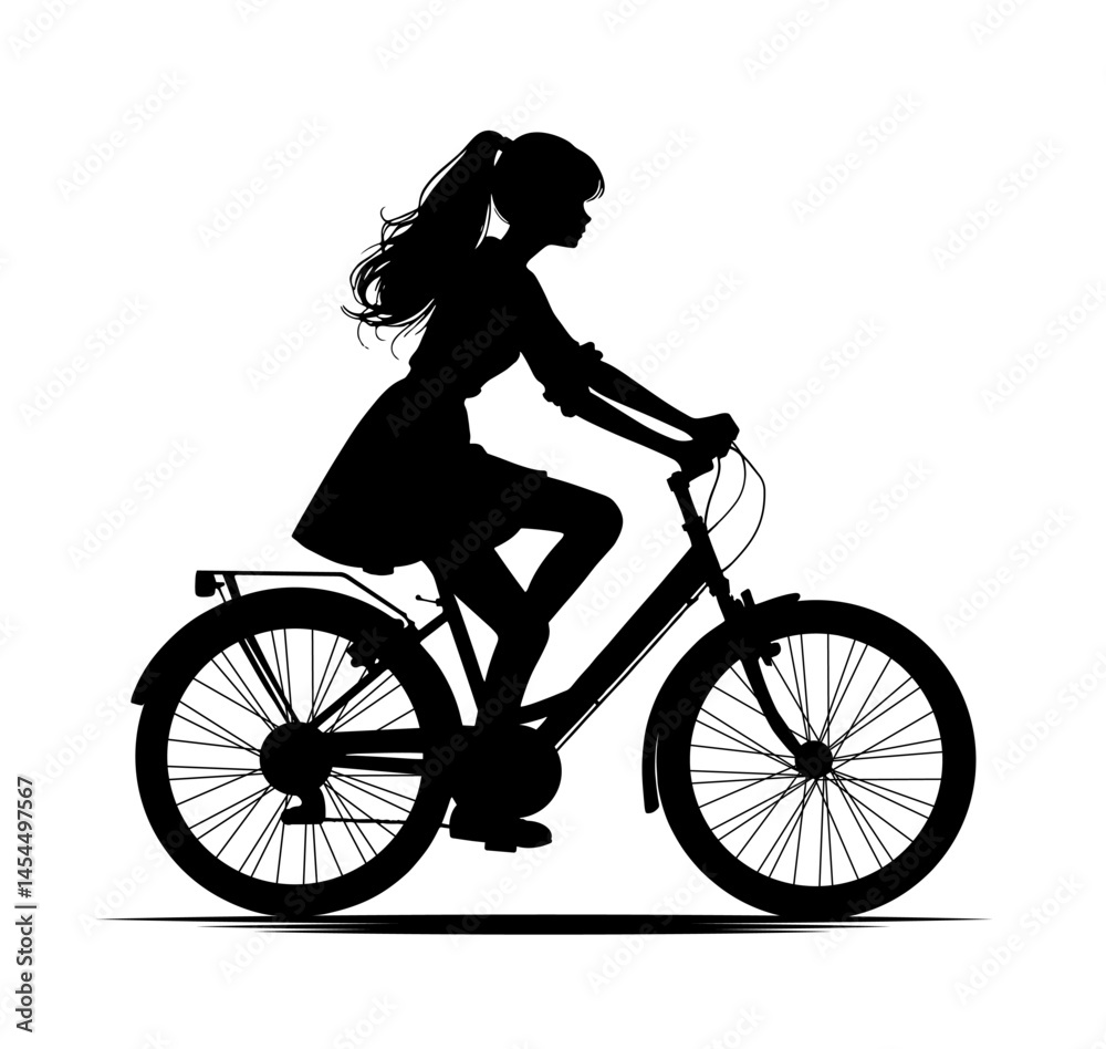 Obraz premium Silhouette of a woman is riding a bicycle. She is wearing a skirt and a ponytail. The bicycle is black and silver