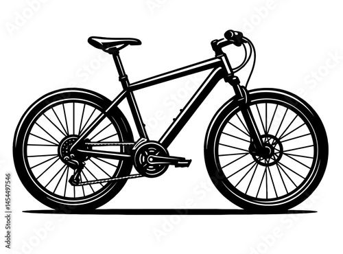 A black silhouette of bicycle with a black seat and black handlebars. The bike is parked on a white background