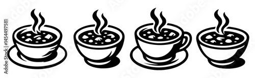 Four cups of soup with steam rising from them. The cups are arranged in a row, with the first cup on the left and the fourth cup on the right. The bowls are placed on a white background