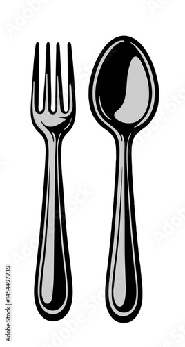 A fork and spoon are shown side by side. The fork is silver and has three prongs. The spoon is also silver and has a rounded bowl. Concept of simplicity and functionality