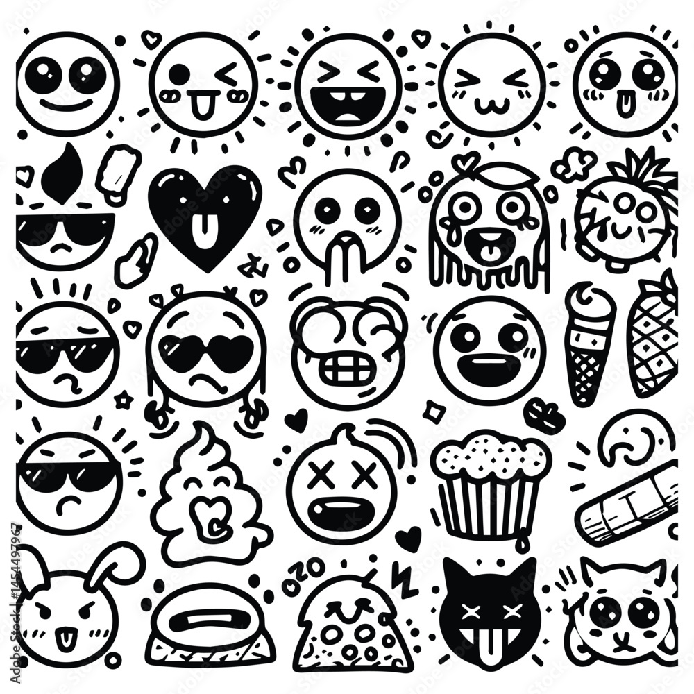 Fototapeta premium vector set emoticon doodle art simple line style black white