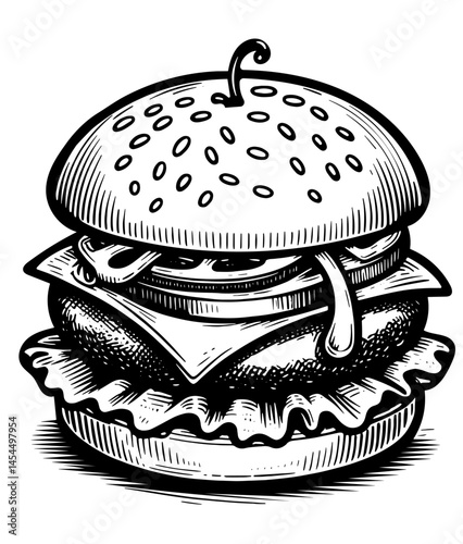 A black and white drawing of a hamburger with a cherry on top. The burger is topped with lettuce and tomato, and the bun is covered in cheese. The drawing has a playful and whimsical mood