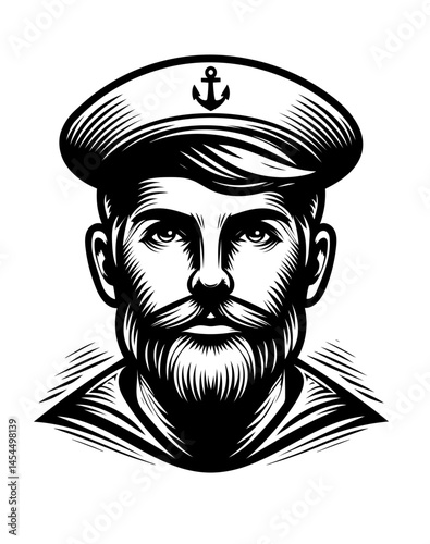 A sailor with a beard and a cap that has an anchor on it. The cap is black and the man's face is the main focus of the image. The man's beard is quite prominent and gives him a rugged appearance