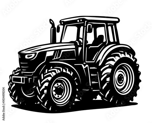 A black and white tractor with a large tire. The tractor is a cartoon drawing of a farm tractor