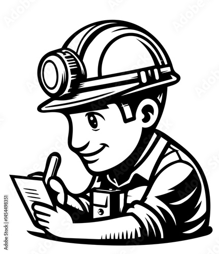 A man wearing a hard hat is writing on a piece of paper. He is smiling and he is happy