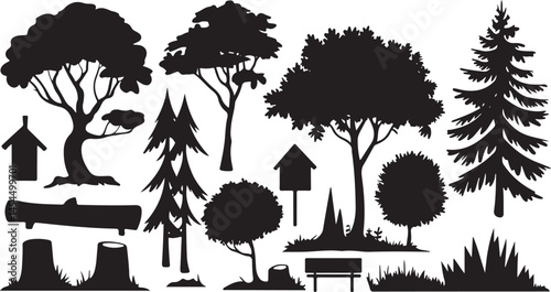Silhouettes of forest trees in vector design featuring a mix of deciduous and conifer types for landscape projects outdoor themes and environmental artwork or nature scenes