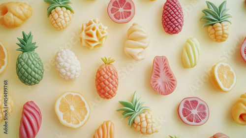 Colorful fruit shaped candies pastel background sweet treats