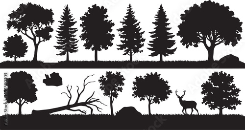 Scenic vector silhouette collection of forest trees including deciduous and coniferous varieties great for nature themed backgrounds eco artwork and woodland landscape illustrations