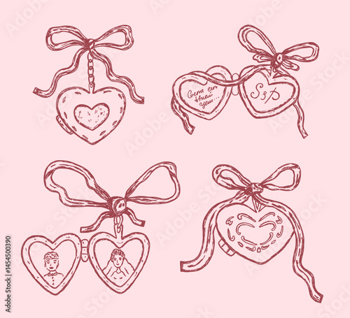 Set of vintage locket in heart shape with coquette pink bow. Aestetic whimsial sketch