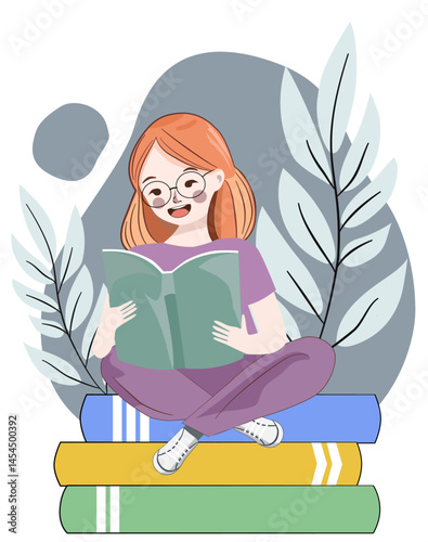 Students are sitting and reading book, vector, illustration.