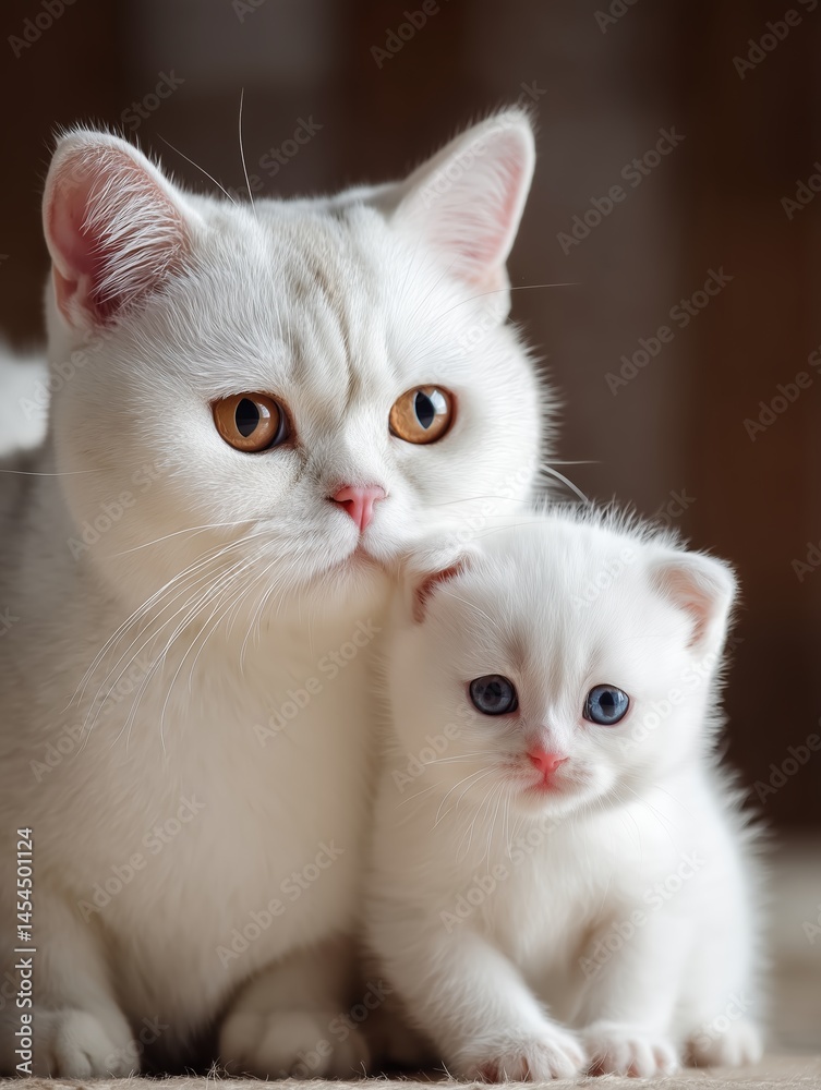 Motherly Affection: A tender portrait of a snow-white mother cat and her precious kitten, both with captivating eyes. The serene setting highlights the pure bond of love and protection. Motherly Affection: A tender portrait of a snow-white mother cat and her precious kitten, both with captivating eyes. The serene setting highlights the pure bond of love and protection.