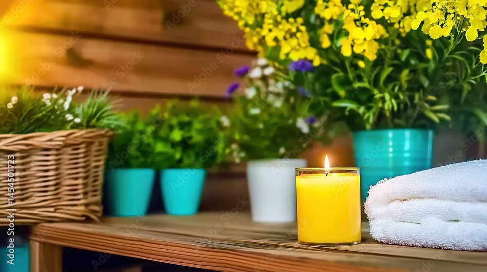 Wooden shelf filled with plants, candles, and towels.