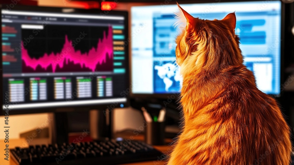 Ginger cat observes displays of data and information.