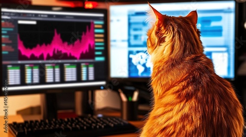 Obraz na płótnie Ginger cat observes displays of data and information. w salonie
