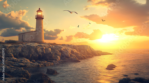 A coastal beacon tower stands against the vibrant sunset sky, its light guiding ships on the sea near the rocky coastline