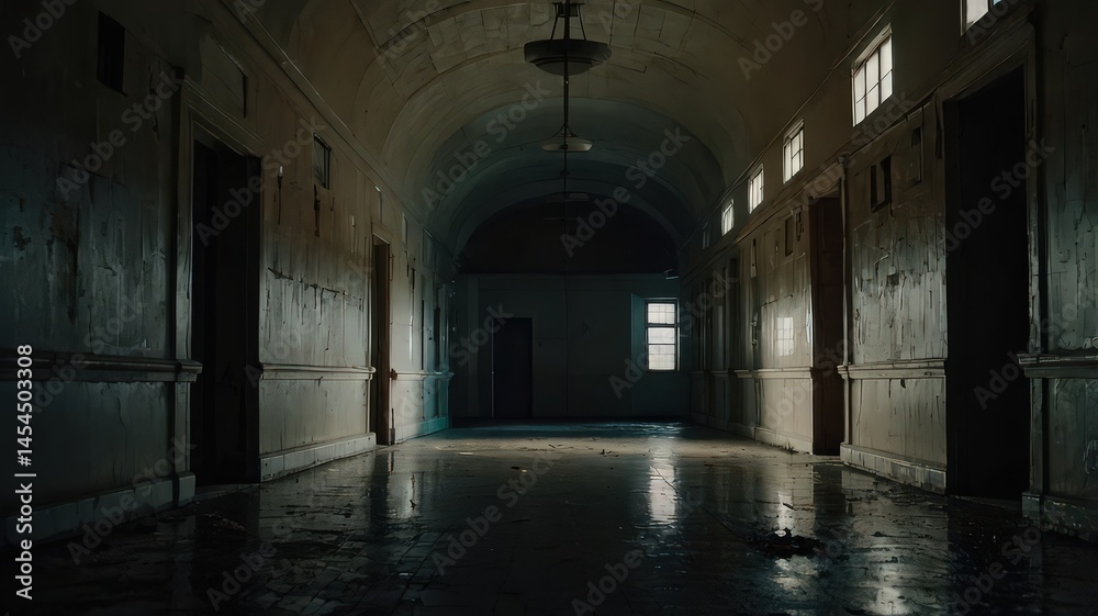 Fototapeta premium Long dark hallway with arched ceiling and light from windows