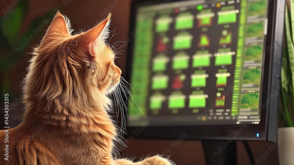 Ginger cat gazes intently at a computer screen.