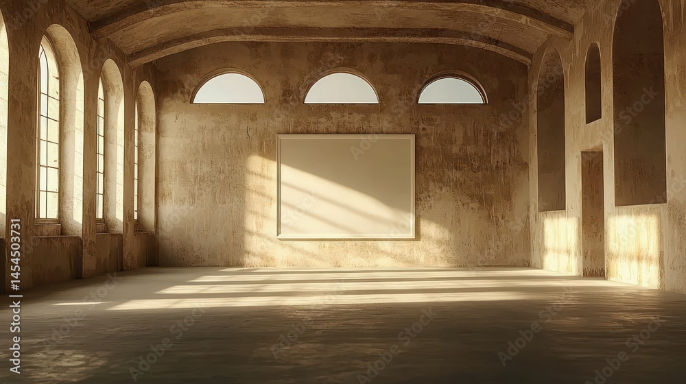 Naklejka premium Sunlit room, arch windows, blank canvas