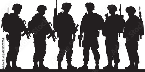 Row of soldier silhouettes armed with rifles and carrying backpacks shown in vector style ideal for combat themed designs military posters or action illustrations