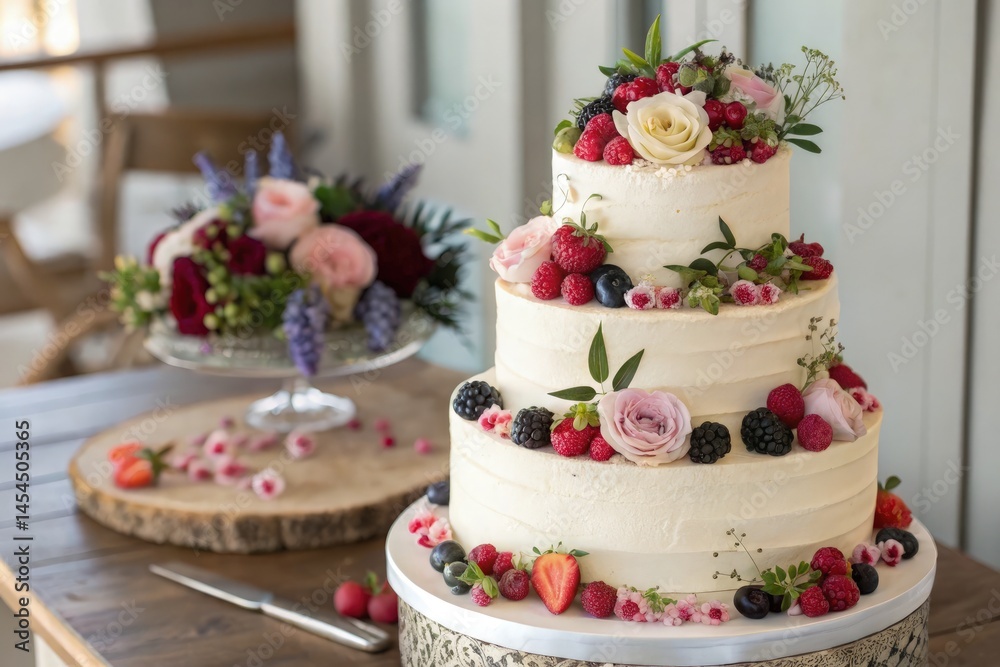 Naklejka premium Elegant Three Tiered Wedding Cake Adorned With Fresh Flowers Generative AI