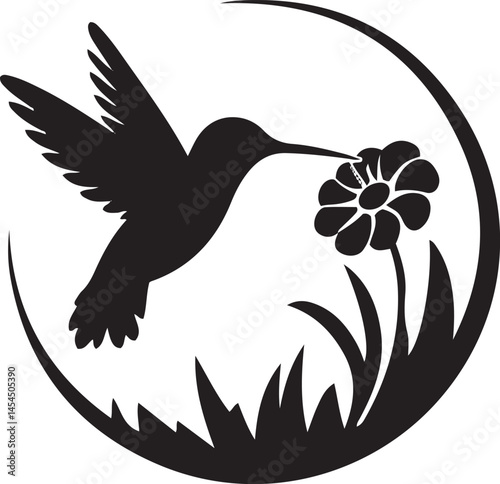 Hummingbird silhouette in mid air with wings fully outstretched shown against white background perfect for bird themed vector illustrations or nature inspired designs