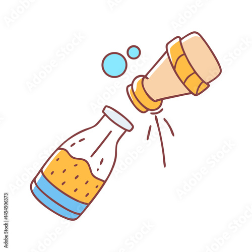 Cartoon illustration of a potion bottle and cork with bubbly elements