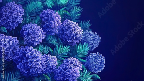 Vibrant floral arrangement in cool tones, a digital illustration.