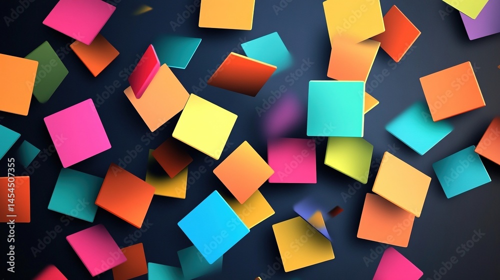 Colorful square shapes against a dark backdrop.