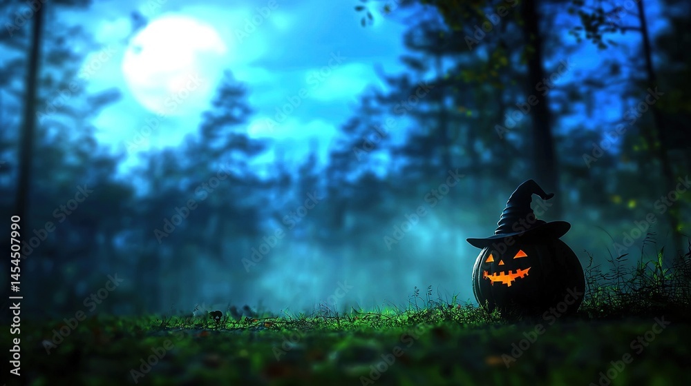 Illuminated pumpkin with a witch's hat in a mystical forest at night.