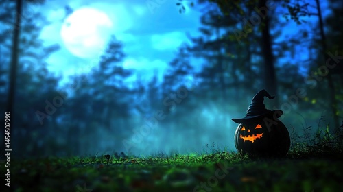 Obraz na płótnie Illuminated pumpkin with a witch's hat in a mystical forest at night. w salonie