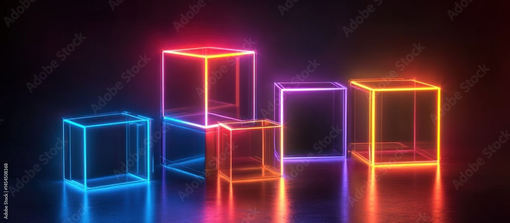 Neon glowing cubes on dark background.