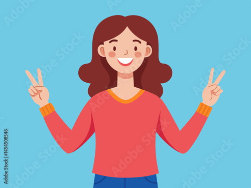 Happy young woman showing peace sign gesture with both hands
