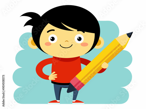 Happy Little Boy Holding a Large Pencil Ready to Draw