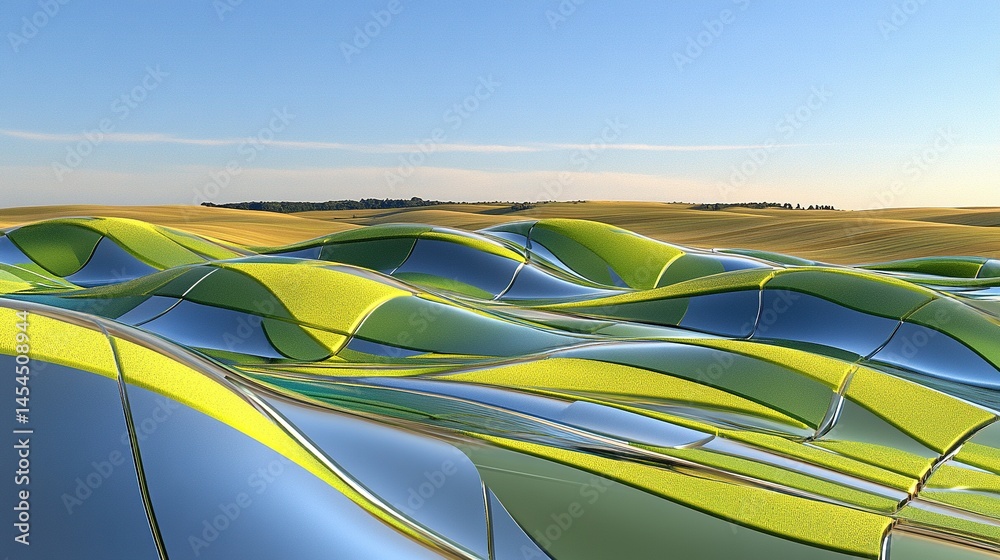 Abstract wavy landscape with vibrant colors and reflective surfaces.