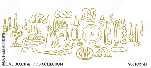 Isolated vector set of hygge cozy homedecor. Decor. Candles, food, restaurant, dishes, baguette, candelabra, France, breakfast, wine, bow, cutlery. Menu and decoration of the party. Hand drawn doodles