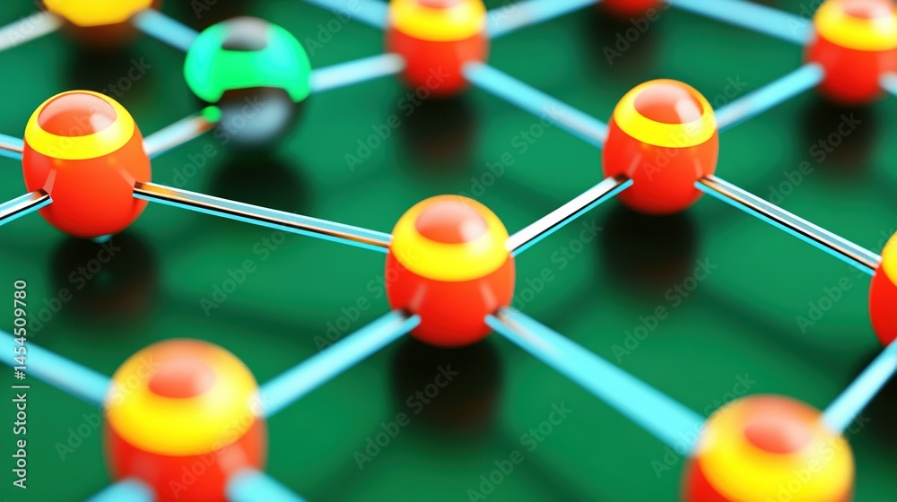 Network of interconnected spheres, glowing, modern design.