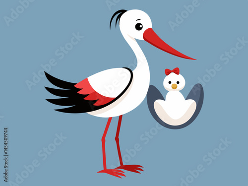 Cute Cartoon Stork Delivering a Baby Girl in an Egg