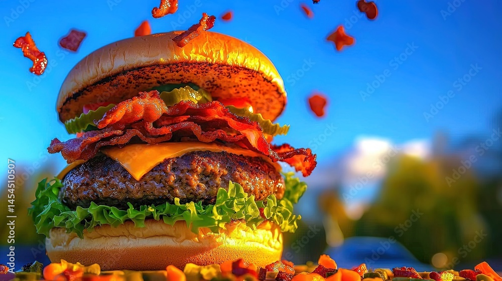 Delicious burger with bacon and cheese, flying crispy bacon bits.