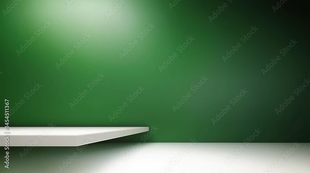 Empty white shelf against a deep green wall.