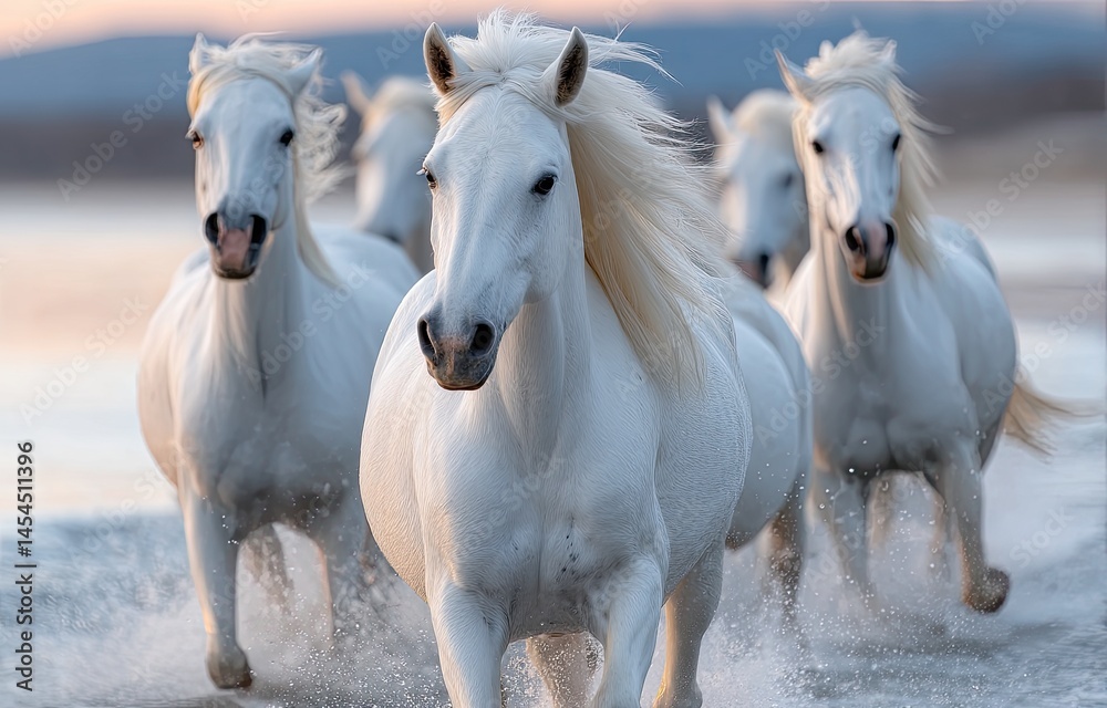 Obraz premium A group of white horses running along the beach at sunset