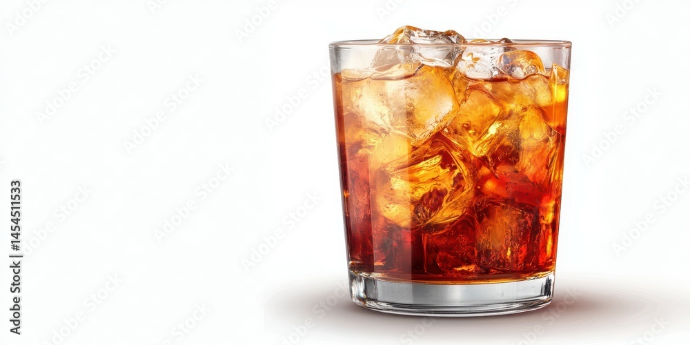 Refreshing dark beverage served in a glass filled with ice cubes on a plain background Refreshing dark beverage served in a glass filled with ice cubes on a plain background