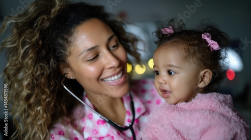 Female Pediatric Nurse Using Stethoscope Examining Happy Toddler Girl in Pink Fuzzy Sweater Indoor photo