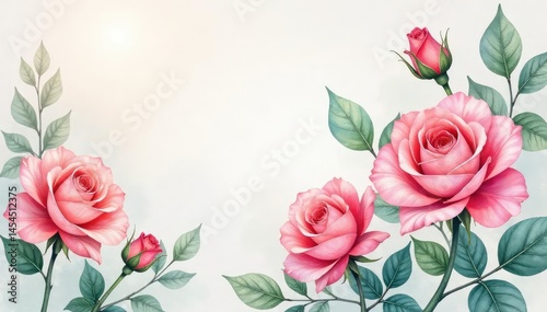 Delicate watercolor roses & leaves, pastel hues, romantic, illustration, photography