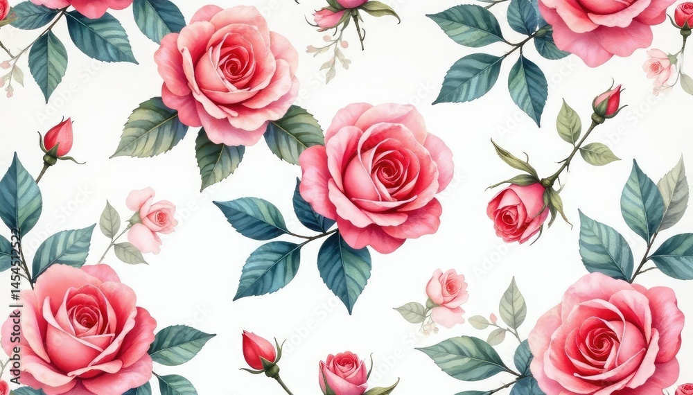 Naklejka premium Delicate watercolor roses & leaves, repeating seamlessly , red, tileable