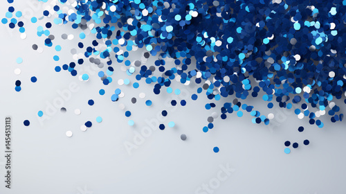 Royal blue and silver falling foil confetti with glitter dust on a gradient background for festive celebrations.

