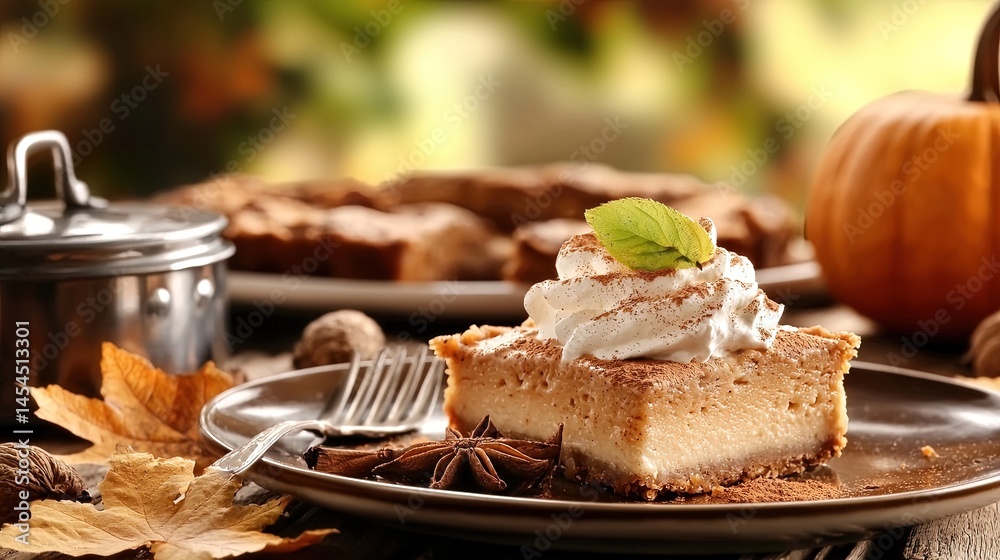 Autumnal pumpkin dessert slice on a plate.